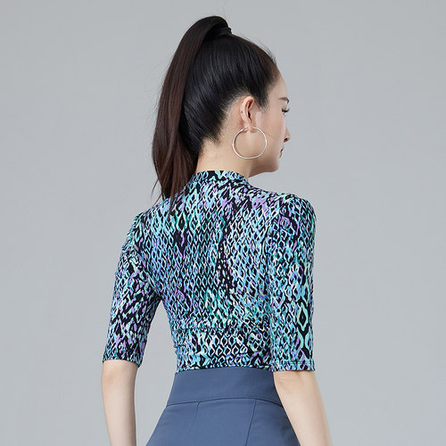 拉丁舞连体上衣女成人摩登舞服V领豹纹印花练功服表演服装交谊舞 - 图2