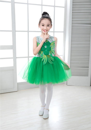 六一儿童新款幼儿跳舞演出服女童公主蓬蓬裙小学生黄绿色合唱团服 - 图1