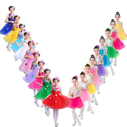 六一儿童新款幼儿跳舞演出服女童公主蓬蓬裙小学生黄绿色合唱团服 - 图3