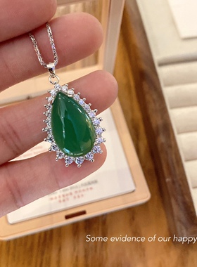 S925银水滴祖母绿玉髓母亲节项链不褪色礼物礼盒礼袋顺丰包邮