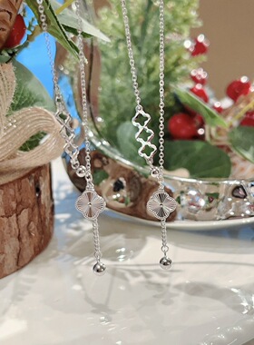 S925银纯银镭射四叶草流苏纯银项链不褪色礼盒礼袋新年顺丰3