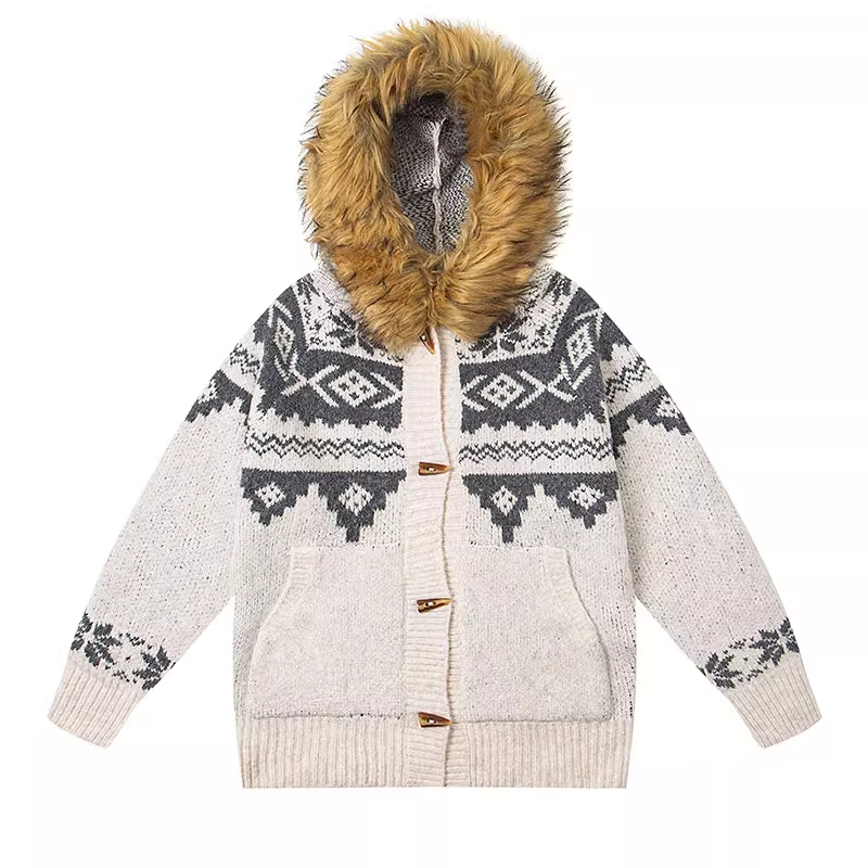 亿万少年原创拆卸毛领费尔岛毛衣外套男女秋季加厚情侣撞色针织衫 - 图1