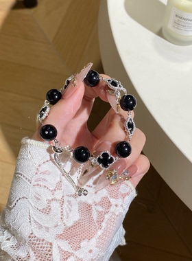 天然水晶绿发晶黑曜石四叶草手链女梦幻仙境个性设计小众手饰送礼