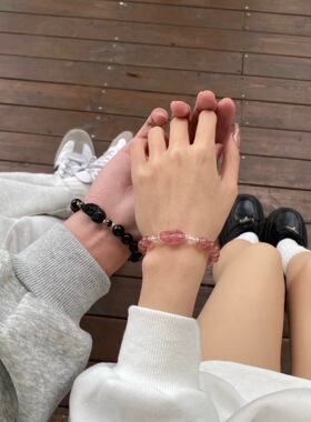 天然黑曜石草莓晶情侣手链情侣款男女同款转运银曜石合集她屿