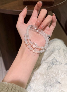 天然白玛瑙手串白水晶猫头铃铛女款双圈手链凯蒂猫送女生闺蜜她屿