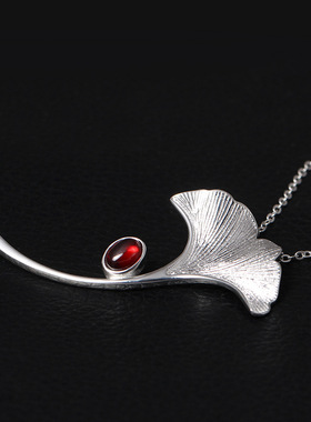 梧桐之心s925银民族风两用镶嵌石榴石银杏叶胸针女创意设计叶子