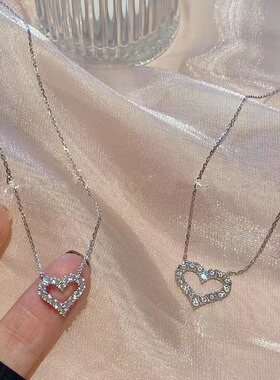 跨境日韩甜美镶钻爱心项链女镂空心形简约锁骨链不锈钢链条项链