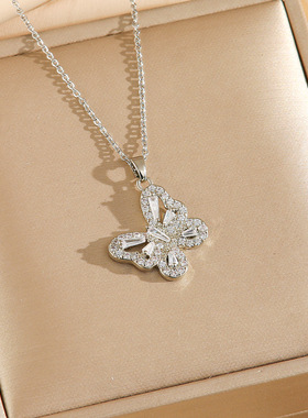 跨境满钻蝴蝶锆石轻奢小众百搭高级项链戒指耳钉女士饰品首饰套装