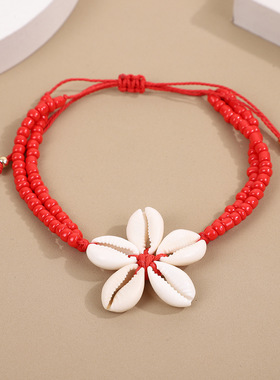 手工饰品新款沙滩天然贝壳彩色米珠串个性蜡绳编织手链海滩旅游女