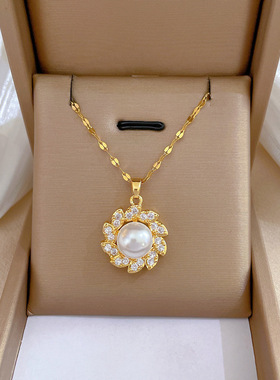 项链女2025新款珍珠太阳花朵轻奢小众耳环耳钉高级感大气配饰套装