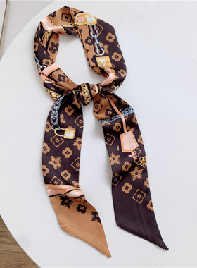 scarves网红绑包包丝巾手柄装饰丝巾小丝带发带棕色领巾scarf