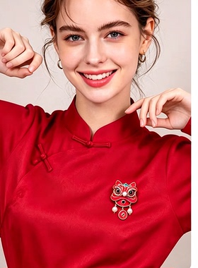 中国年开运送财醒狮胸针红色喜庆别针高级感闪耀胸花男女西装礼物