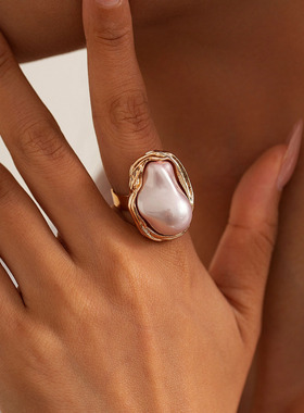 欧美跨境ins风不规则巴洛克珍珠开口可调戒指Ring气质指环手饰