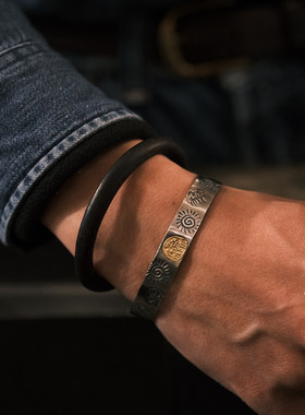 美国天然绿松石925银珠手链复古做旧达摩手镯包金情侣饰品礼物