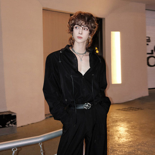 杨一帆潮牌长袖衬衫男款2025秋季新款纯色设计宽松ins时尚衬衣