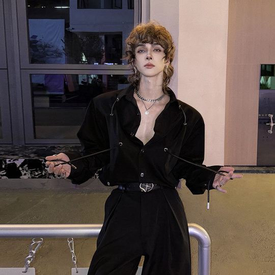 杨一帆潮牌长袖衬衫男款2025秋季新款纯色设计宽松ins时尚衬衣