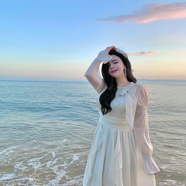 Xitong'er plus size women's clothing for fat mm, French style waist slimming dress, fairy princess white skirt, autumn