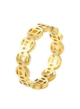 钛钢铜钱戒指女招财镂空