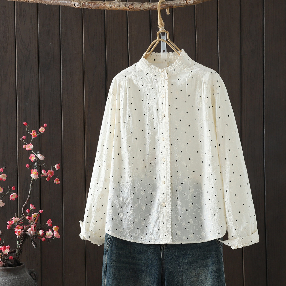 气质花边波点提花立领长袖衬衫女2026春季新款宽松休闲衬衣上衣,淘宝优惠券,粉丝福利购,淘宝优惠卷