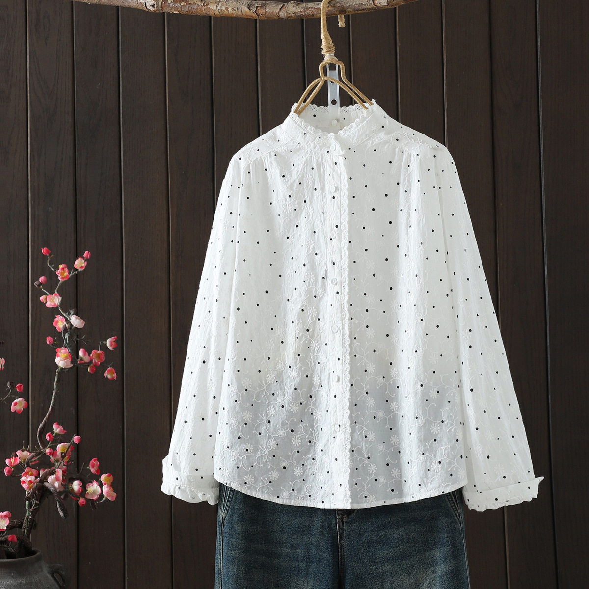 气质花边波点提花立领长袖衬衫女2026春季新款宽松休闲衬衣上衣,淘宝优惠券,粉丝福利购,淘宝优惠卷