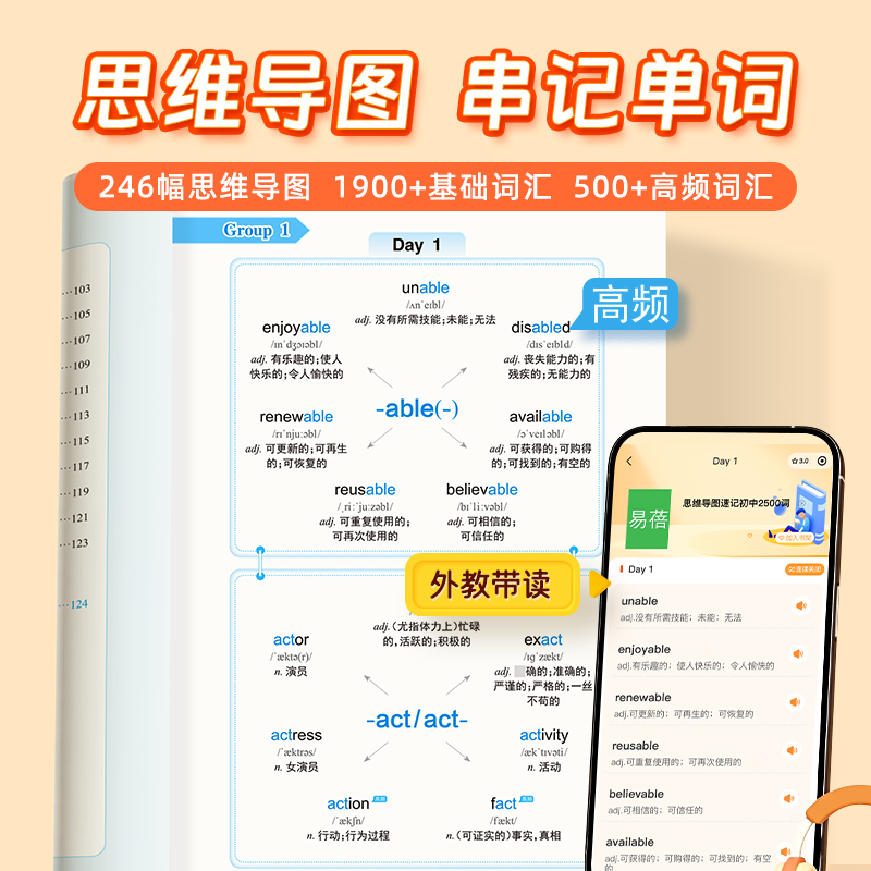 【易蓓】初中英语提分攻略七八九年级通用思维导图速记初中2500词乱序版英语语法重点知识作文模板与素材积累词汇英语中考复习资料