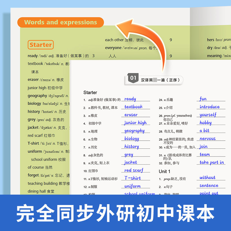 【易蓓】默写100初中英语单词外研版七八九年级上下册初中英语词汇短语大全手册初一二三单词句子翻译专项训作业本同步练习默写本