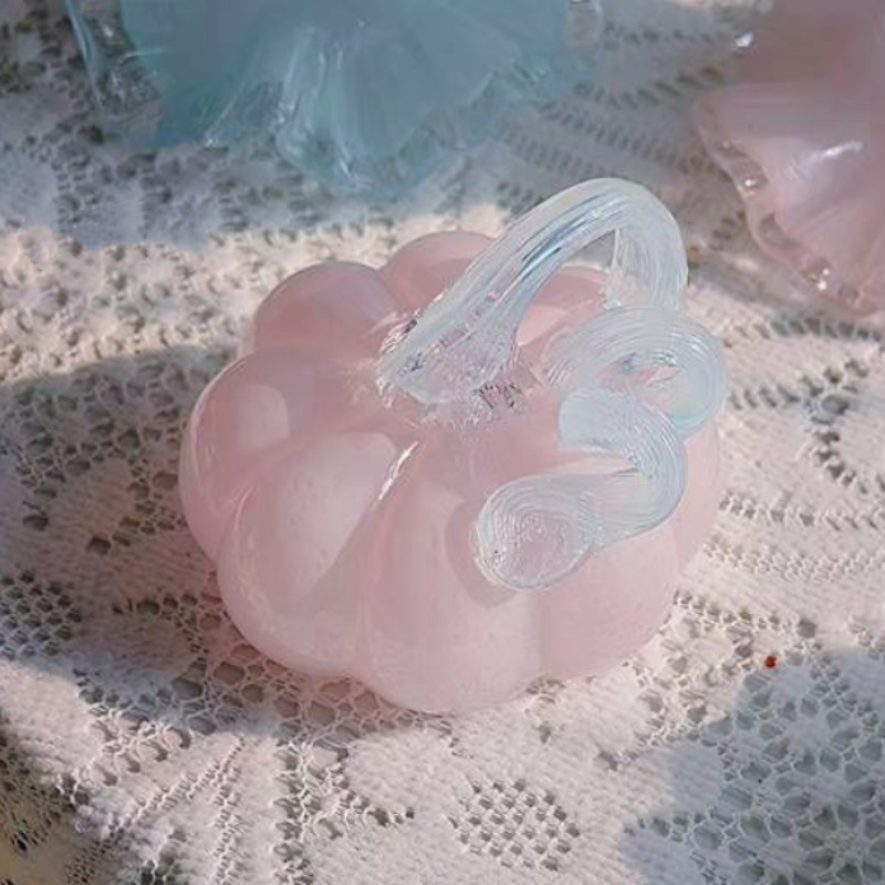 可爱嫩浅粉色浅蓝色纯手工彩色玻璃南瓜摆件拍照摄影道具镇纸礼物 - 图1