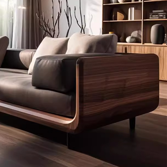 Three or four-seater straight-row sofa, small apartment office club, high-end mid-century style black walnut solid wood sofa