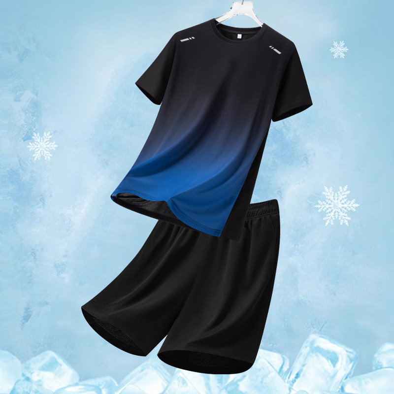 宾杰【厂家直销】新款速干渐变迷彩印花冰丝运动短袖短裤套装圆领,淘宝优惠券,粉丝福利购,淘宝优惠卷