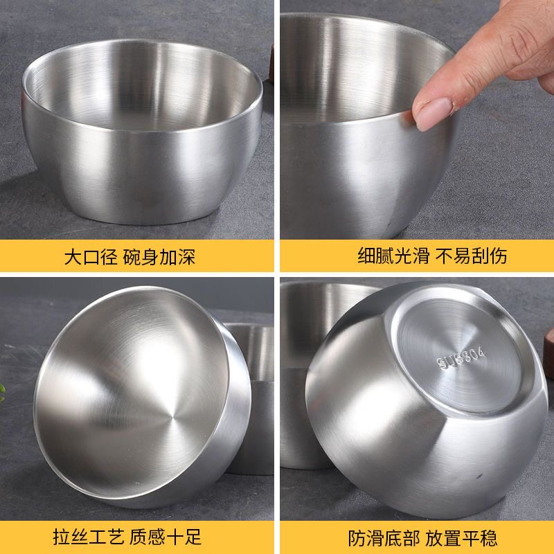 韩式304不锈钢米饭碗双层防烫汤碗儿童吃饭碗商用金色料理方圆碗
