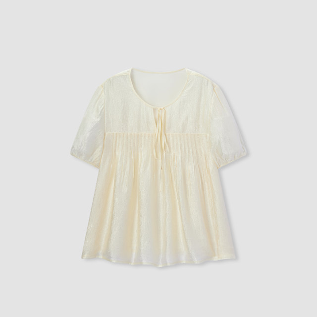 Aijutu acetate round neck lace-up textured shirt 2026 summer new style glossy temperament chiffon shirt