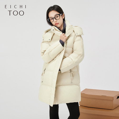 爱居兔时尚连帽羽绒服女冬季新款简约大气中长款羽绒外套 - 图0