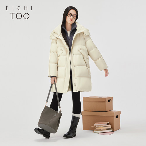 爱居兔时尚连帽羽绒服女冬季新款简约大气中长款羽绒外套 - 图1