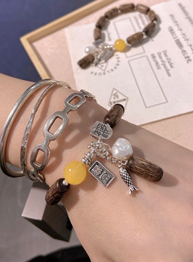 加里曼丹沉香木一颗天然巴洛克珍珠天然蜜蜡纯银招财配件手链