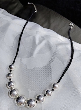 纯银转运大珠球体手工编织黑蜡绳颈链女款时尚短项链闺蜜礼品