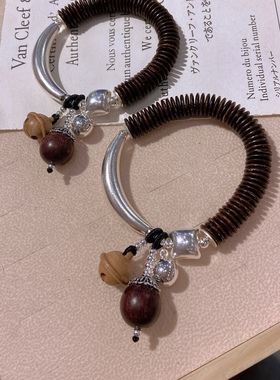 纯银弯管椰壳片檀木铃铛吊坠手链时尚国风手环饰品闺蜜礼物