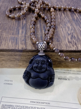 天然水晶黑曜石弥勒佛吊坠大肚佛首饰项链小佛毛衣链笑佛挂件女款