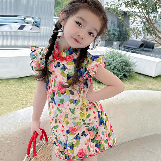 Girls summer dress fashionable children's cheongsam princess skirt one year old baby Hanfu children's skirt Chinese style summer