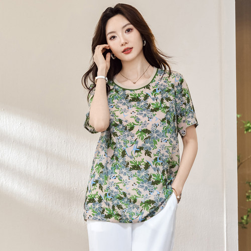 大码女装天丝短袖t恤200斤胖mm宽松遮肉显瘦气质小衫上衣夏季新款 - 图1