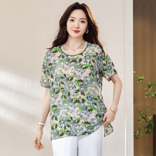 大码女装天丝短袖t恤200斤胖mm宽松遮肉显瘦气质小衫上衣夏季新款 - 图0
