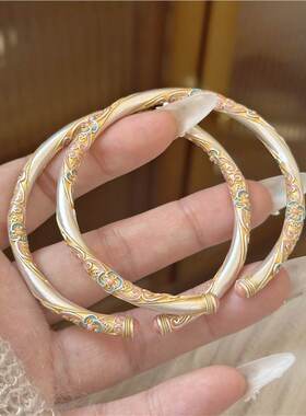 繁花珐琅彩描金纯银手镯女足银s999实心开口新中式国风小众送女友