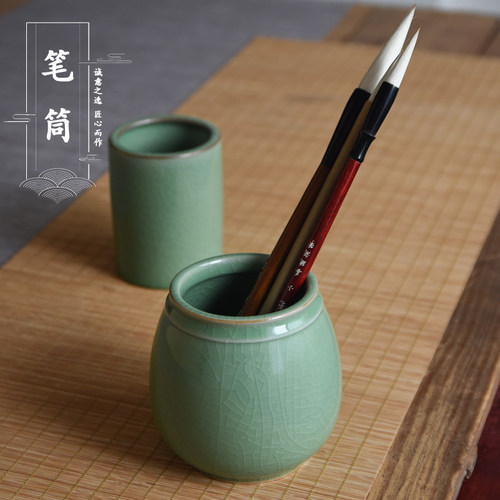 陶瓷毛笔筒圆珠笔筒大号哥窑青瓷文房文具用品办公桌杂物筒收纳 - 图0
