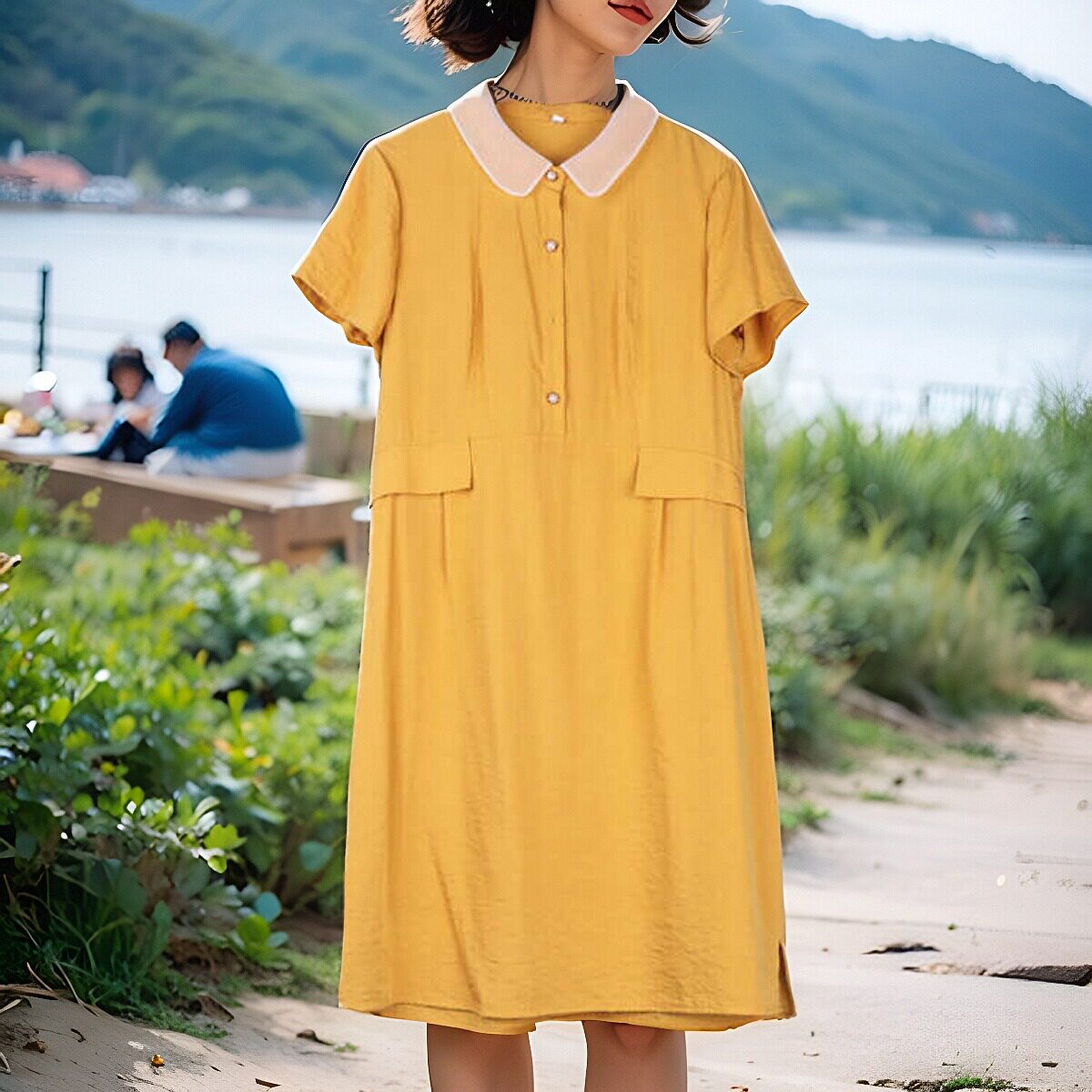 丽新折扣女装 H海10 系列 24夏装端庄时尚气质宽松短袖黄色连衣裙