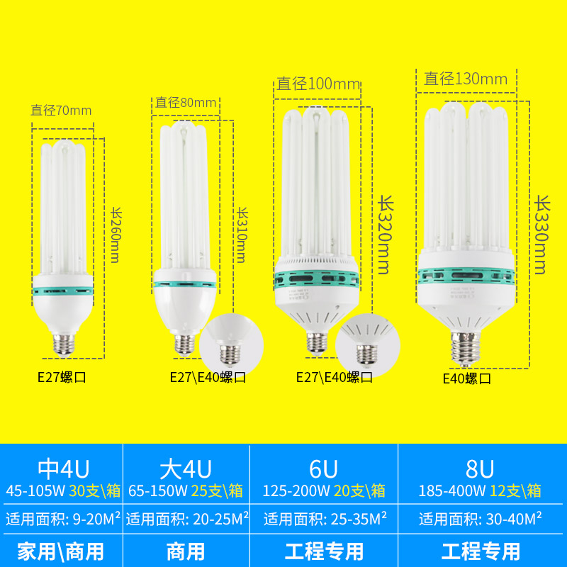 蓝欣大功率节能灯泡螺旋4U6U8U45W65w85W150W200W300瓦工程家用灯 - 图0