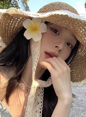 适合草原拍照的帽子ins系带草编帽女出游防晒沙滩太阳帽蕾丝遮阳