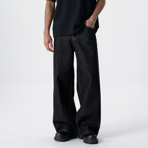 新因素美式cleanfit黑窄幅赤耳原牛覆古阔腿直筒A字宽松牛仔裤男 - 图0