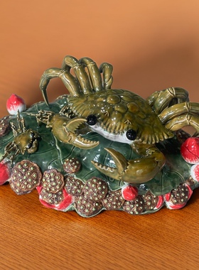 石湾陶瓷工艺品精美摆件大螃蟹荷花莲子全手工制作