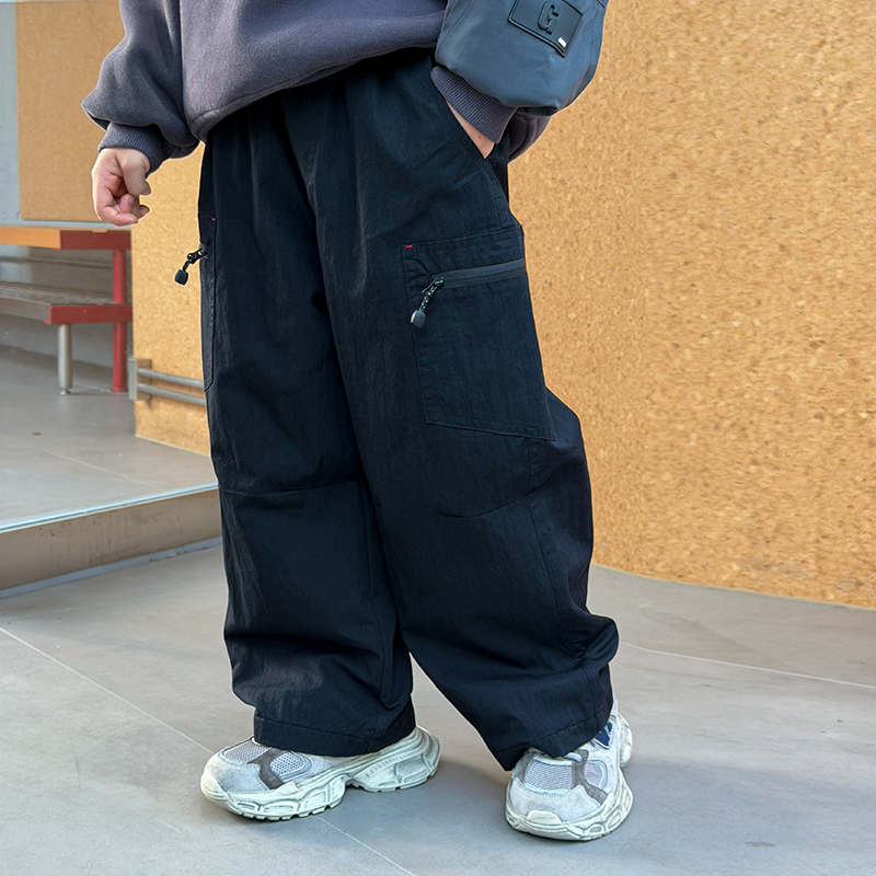 依依妈男童加绒工装休闲裤儿童冬装宝宝宽松直筒纯色拉链保暖裤子 - 图1