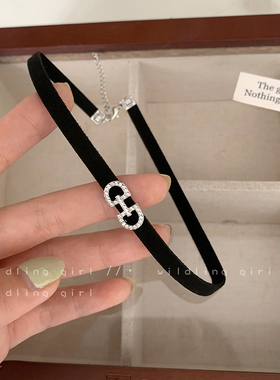 choker项链女黑绳925镀银短款锁骨链脖子饰品黑色颈带链项圈