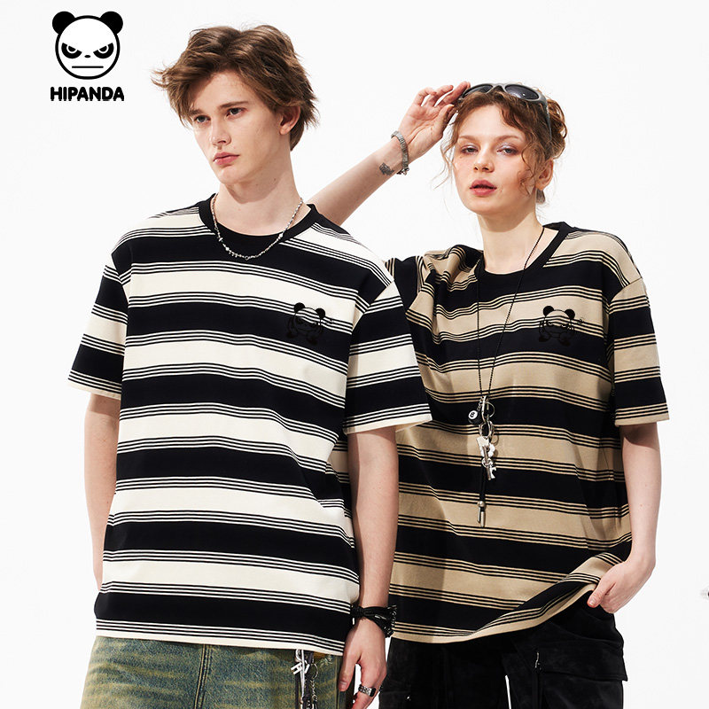 Hipanda你好熊猫日系圆领条纹短袖T恤男女亲肤宽松半袖2026夏新款,淘宝优惠券,粉丝福利购,淘宝优惠卷